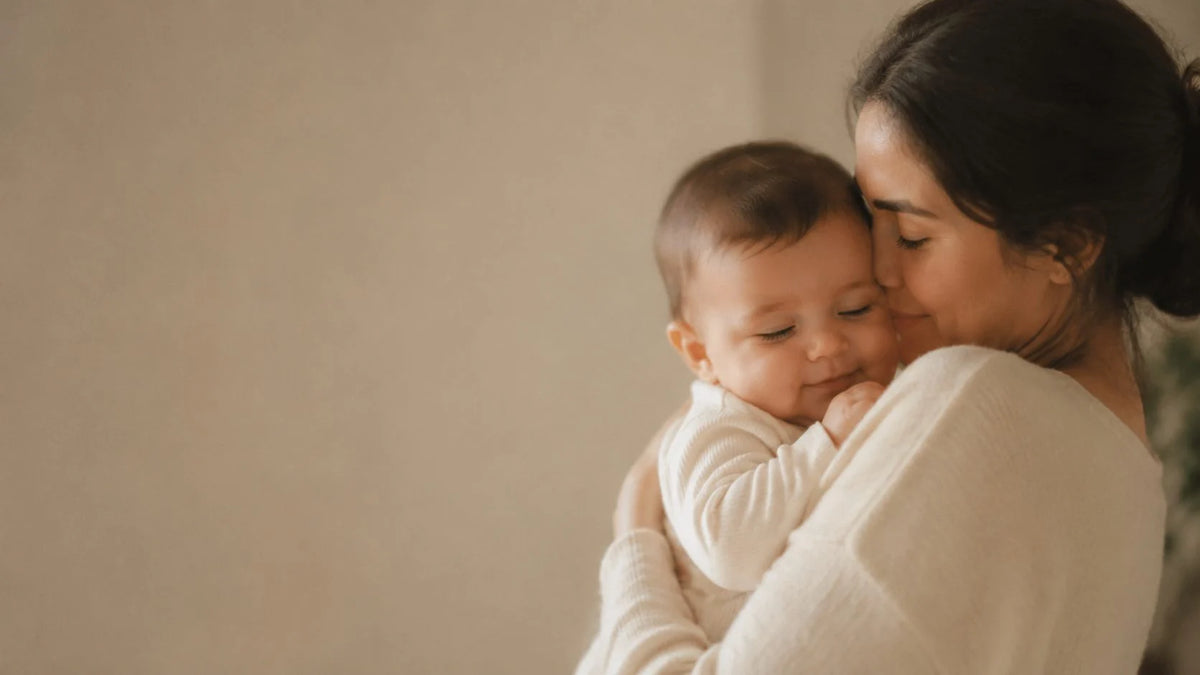 A women hugging a baby with closed eyes