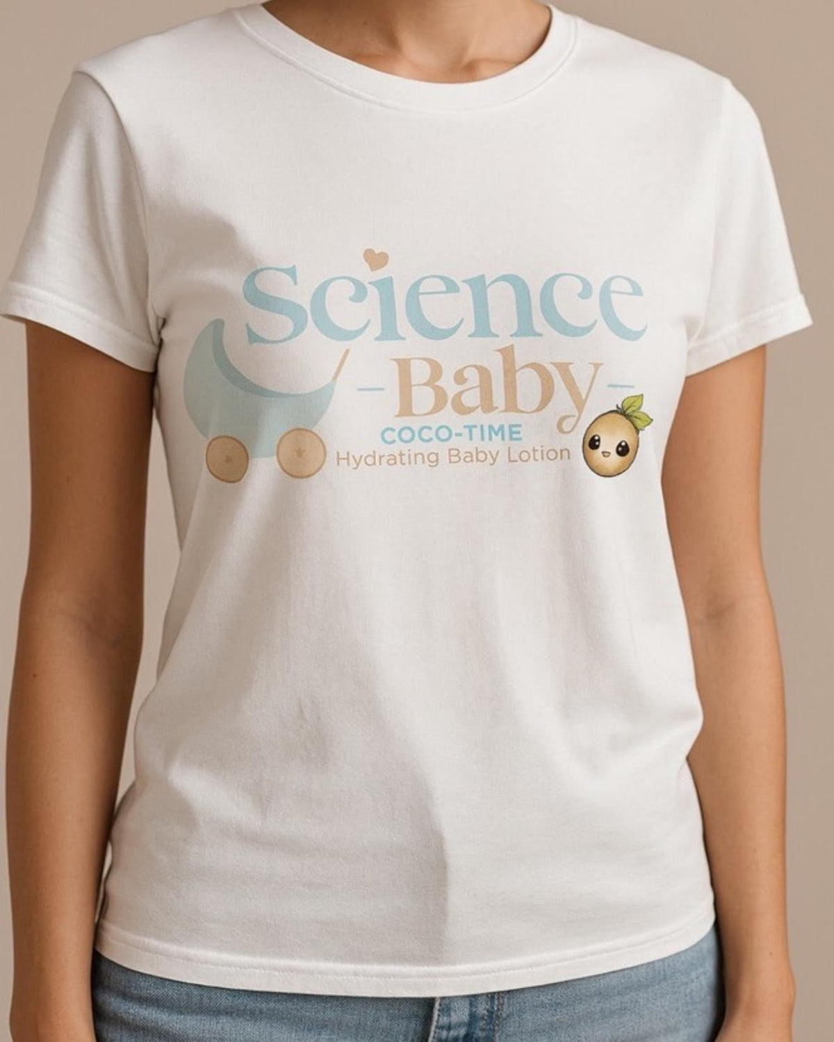 White t-shirt with 'Science Baby' graphic and branding on a plain background