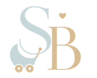 A stylized monogram logo featuring a pale blue baby stroller and a beige letter S and B with a small heart above it.