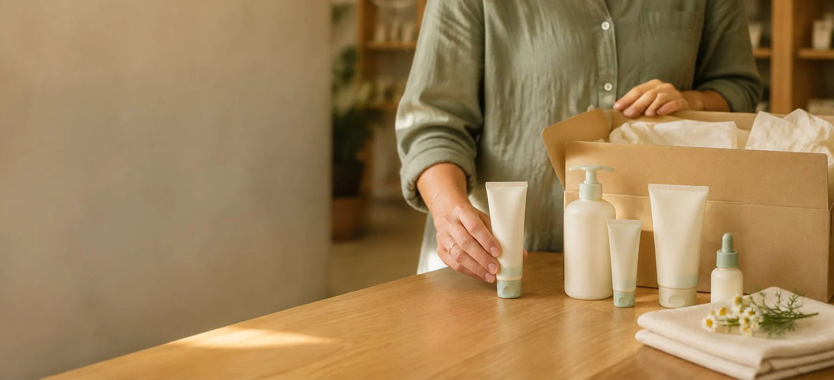 A person in a sage green shirt arranges skincare products on a wooden table.
